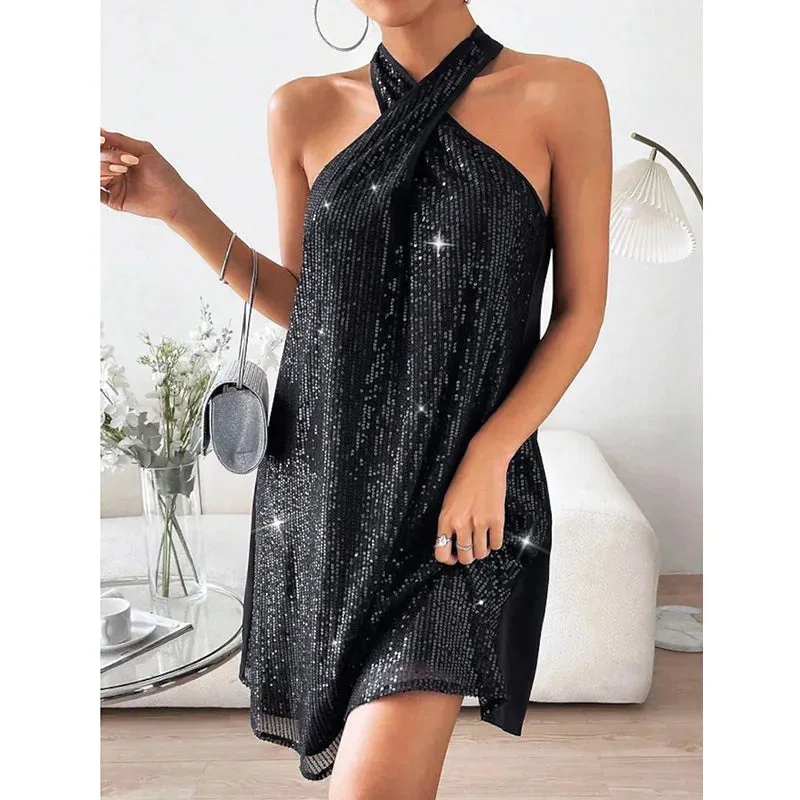 Cross Neck Summer Women's Casual Loose Skinny Off Shoulder Sequins Mini Dress