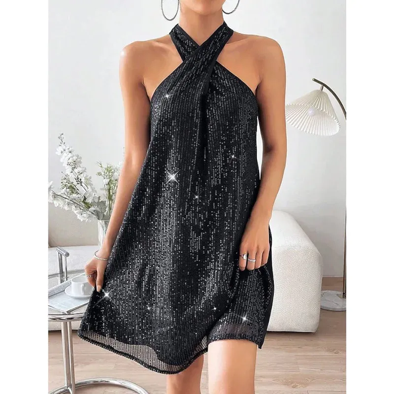 Cross Neck Summer Women's Casual Loose Skinny Off Shoulder Sequins Mini Dress