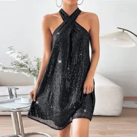 Cross Neck Summer Women's Casual Loose Skinny Off Shoulder Sequins Mini Dress