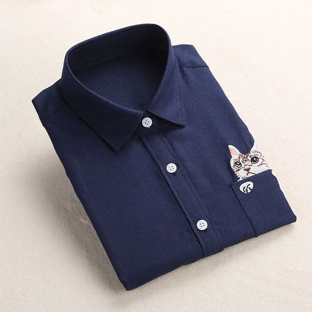 Dioufond Women Spring Shirt Turn-Down Collar Ladies Blouses Long-Sleeve Shirt Female Office Tops Pocket With Cat Embroidery