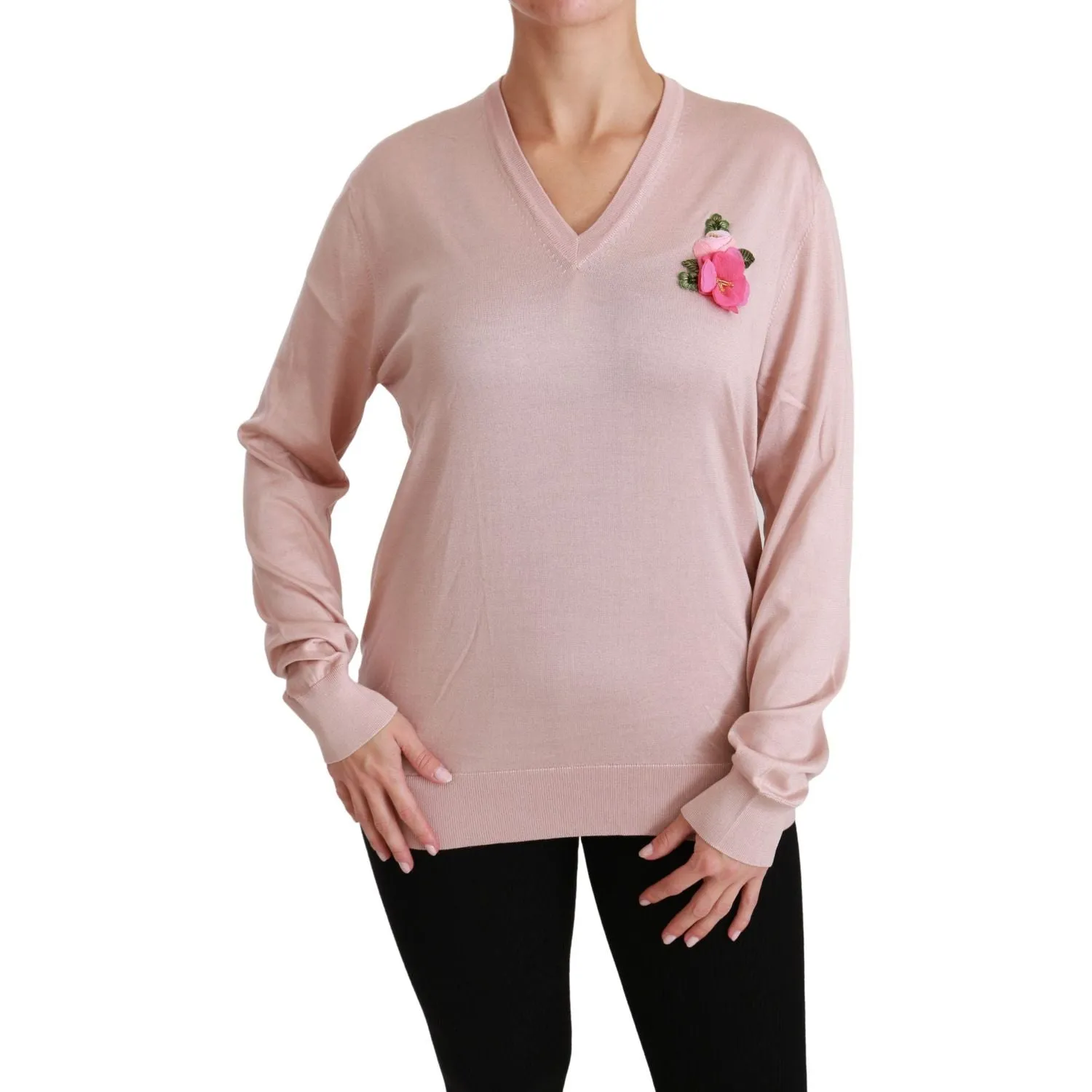 Dolce & Gabbana Pink Floral Silk V-Neck Sweater