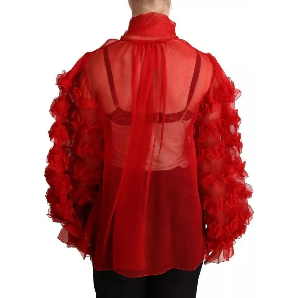 Dolce & Gabbana Red Silk Ascot Collar Ruffles Blouse Top