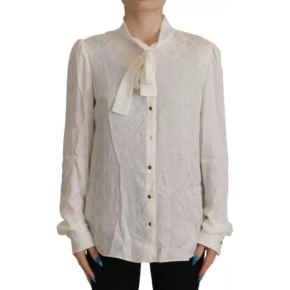 Dolce & Gabbana White Patterned Silk Ascot Collar Blouse Top