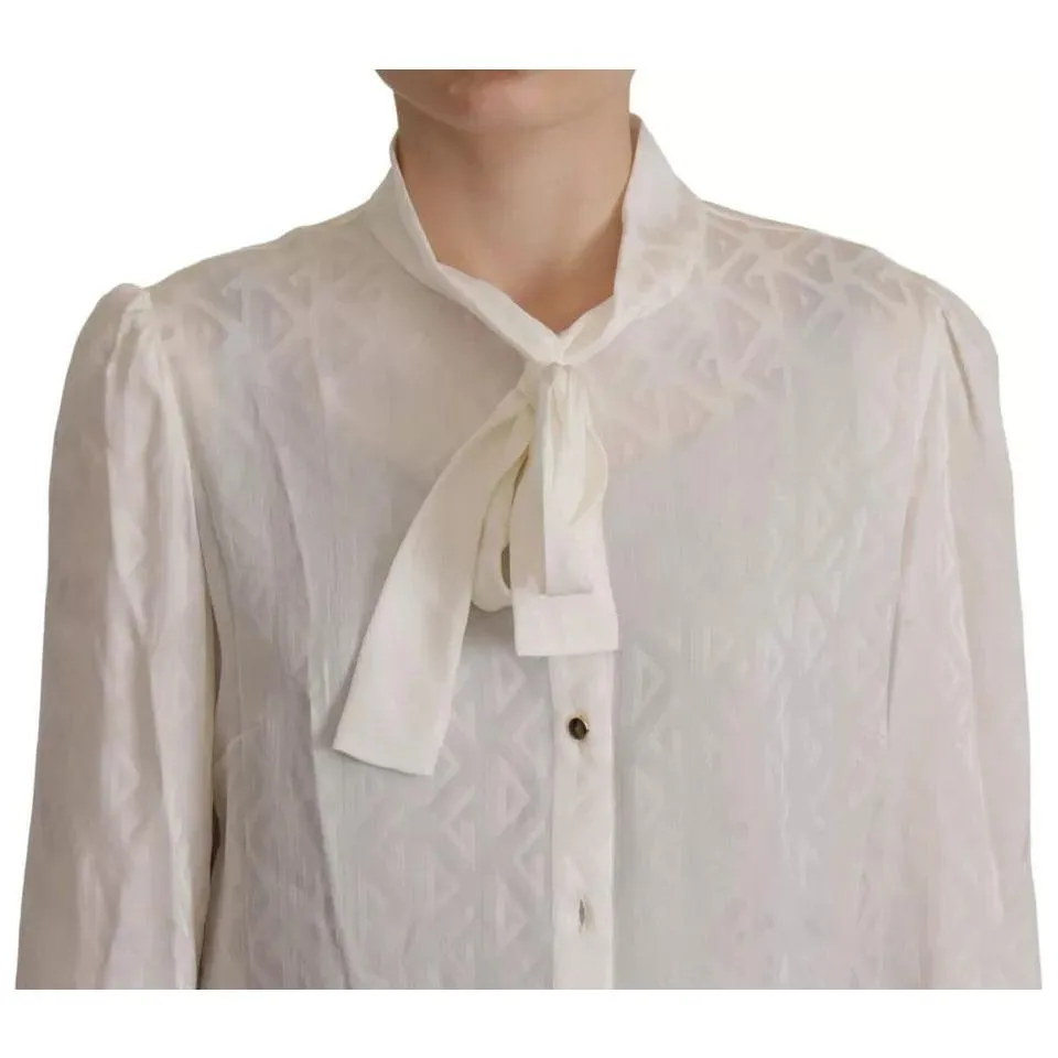 Dolce & Gabbana White Patterned Silk Ascot Collar Blouse Top