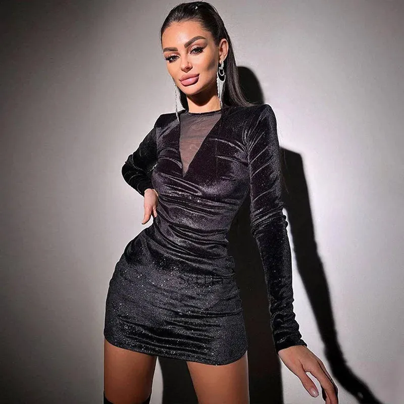 Elegant Glitter Ruched Mesh Patchwork Mini Dress with Long Sleeves