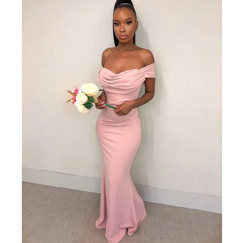 Elegant Off Shoulder Mermaid Pink Jersey Long Bridesmaid Dresses Online, BG715