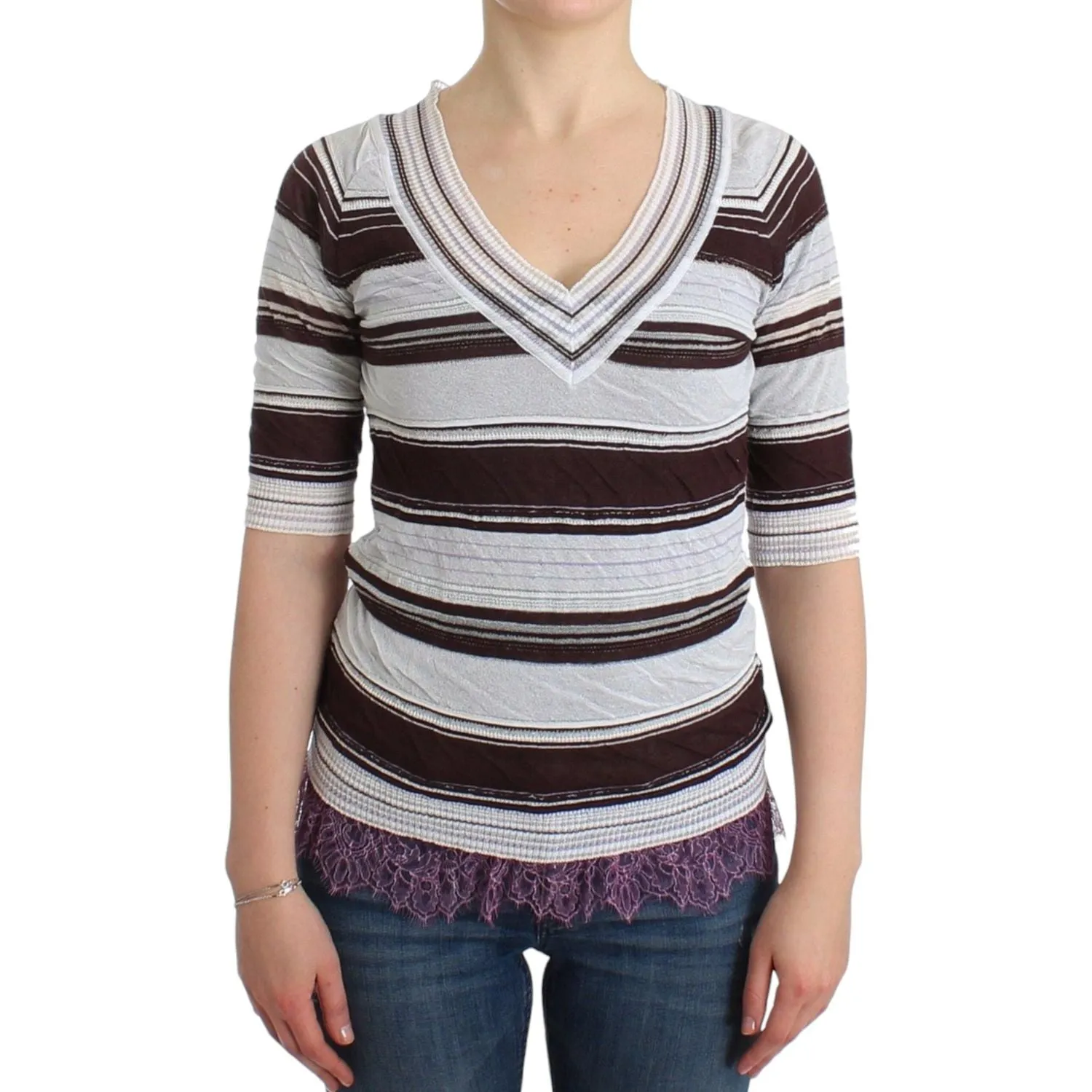 Ermanno Scervino Striped V-Neck Knit Top with Lace Hem