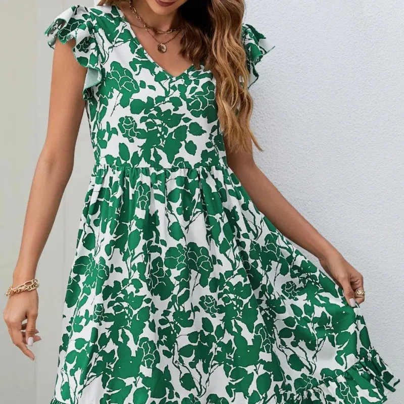 Floral Print Summer Women's V-neck Leaf Short Sleeve A-line Mini Dress