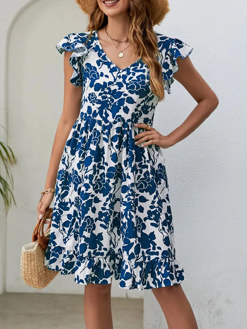 Floral Print Summer Women's V-neck Leaf Short Sleeve A-line Mini Dress