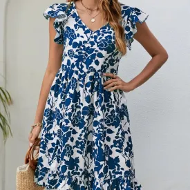 Floral Print Summer Women's V-neck Leaf Short Sleeve A-line Mini Dress