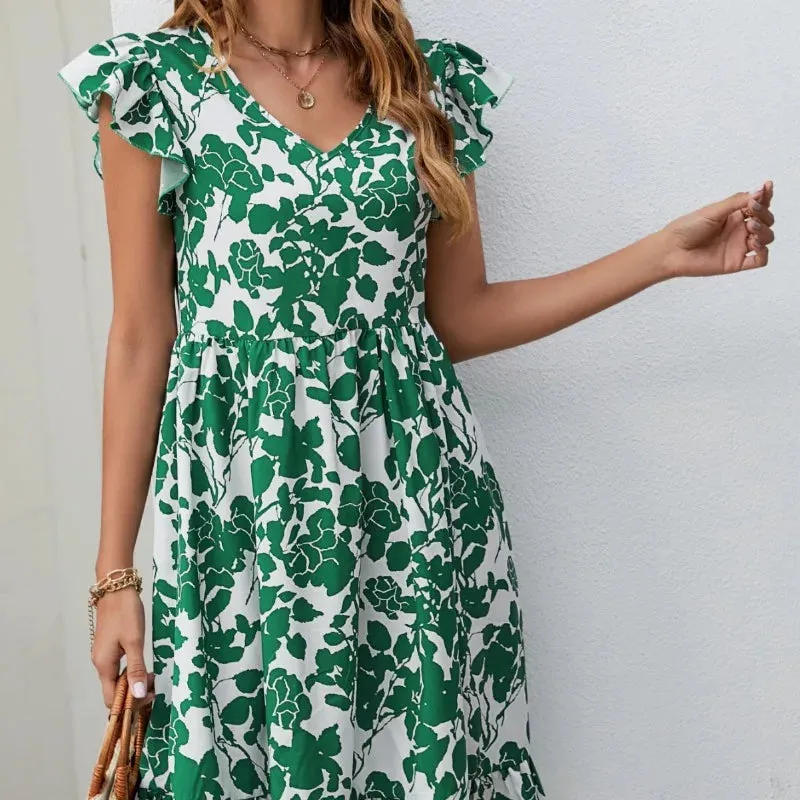 Floral Print Summer Women's V-neck Leaf Short Sleeve A-line Mini Dress