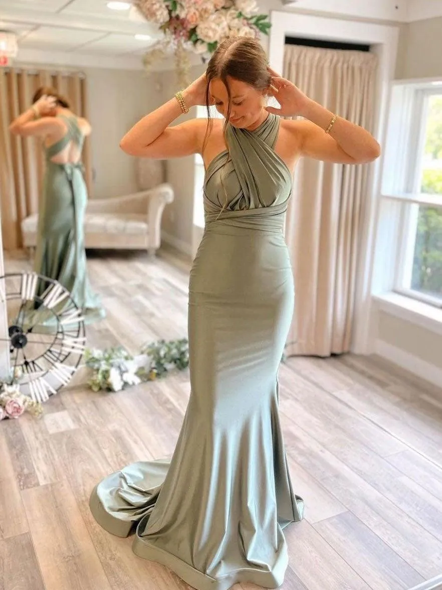 Gray Green Satin Mermaid Bridesmaid Dresses With Sweep Train  BD089