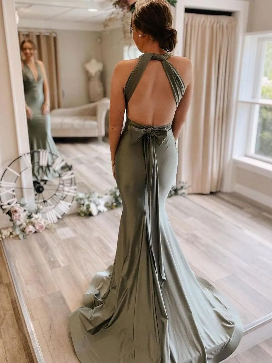 Gray Green Satin Mermaid Bridesmaid Dresses With Sweep Train  BD089