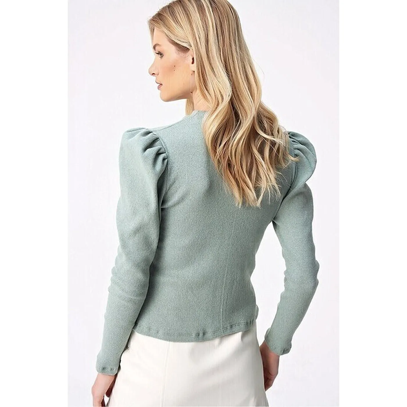 Green Puff Shoulder Turtleneck Top