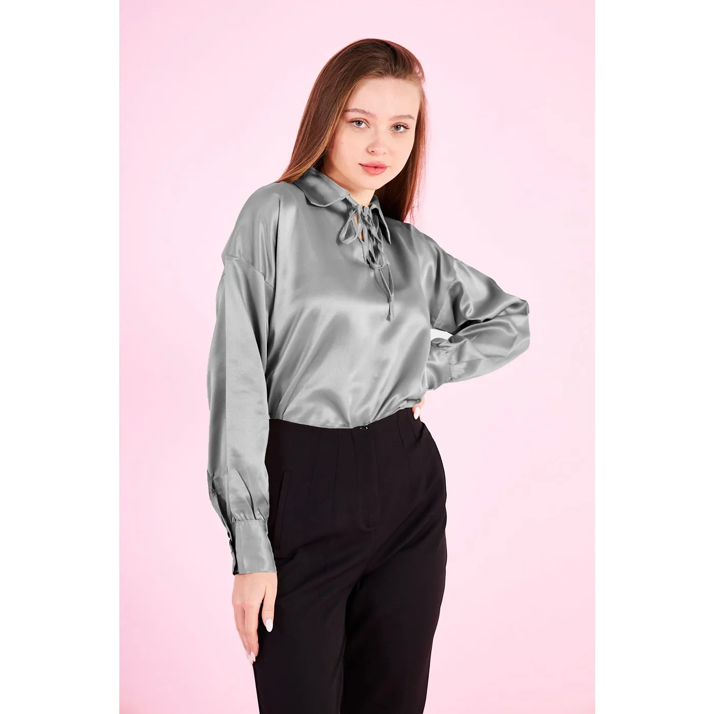 Grey Knotted Collar Satin Top