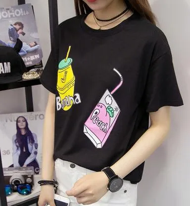 Harajuku Japanese Cartoon Print Sweatshirt Tee Loose Bottle Embroidery Shirt Femme Summer Women Casual Short Sleeve Girls Tops