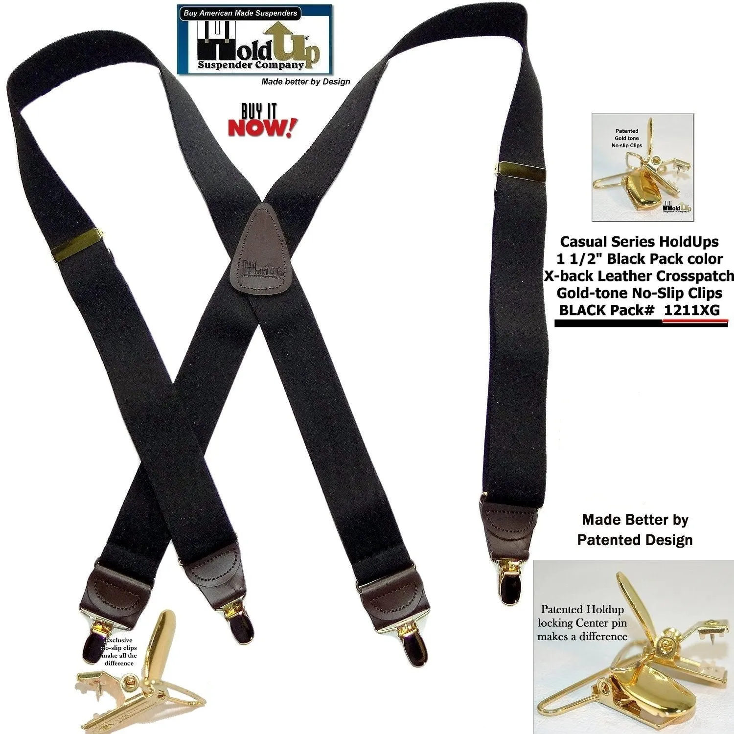 Hold-Ups Black Pack 1 1/2" Suspenders in X-back with USA Patented No-slip Gold Clips