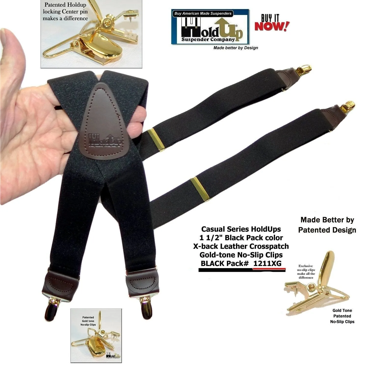 Hold-Ups Black Pack 1 1/2" Suspenders in X-back with USA Patented No-slip Gold Clips