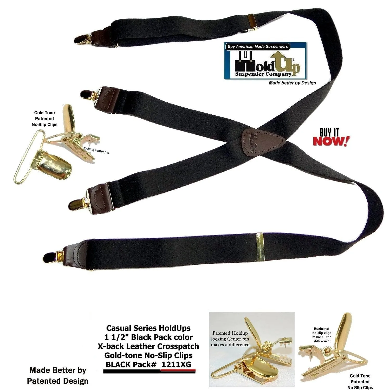 Hold-Ups Black Pack 1 1/2" Suspenders in X-back with USA Patented No-slip Gold Clips