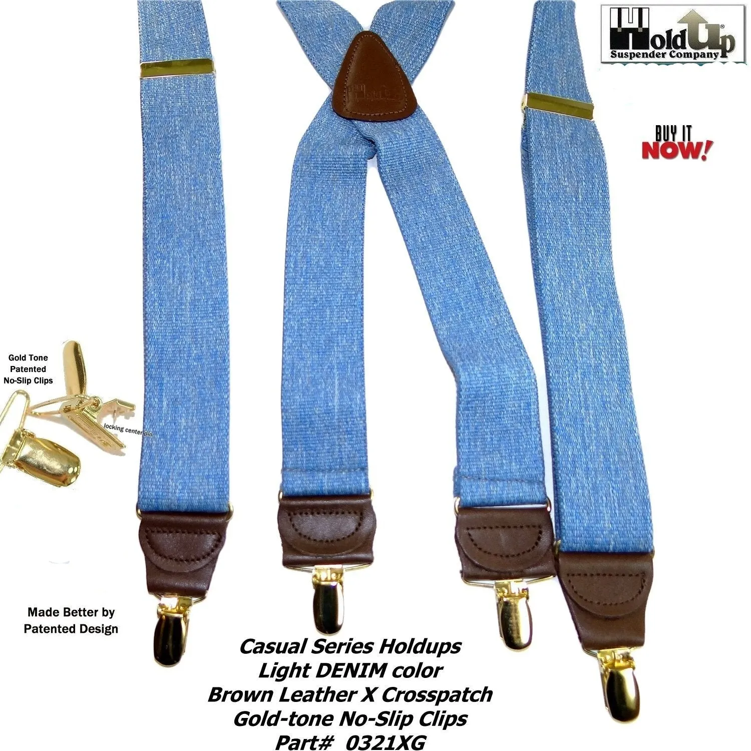 Hold-Ups Light Blue Denim 1 1/2" Suspenders X-Back USA Patented No-slip Gold Clips