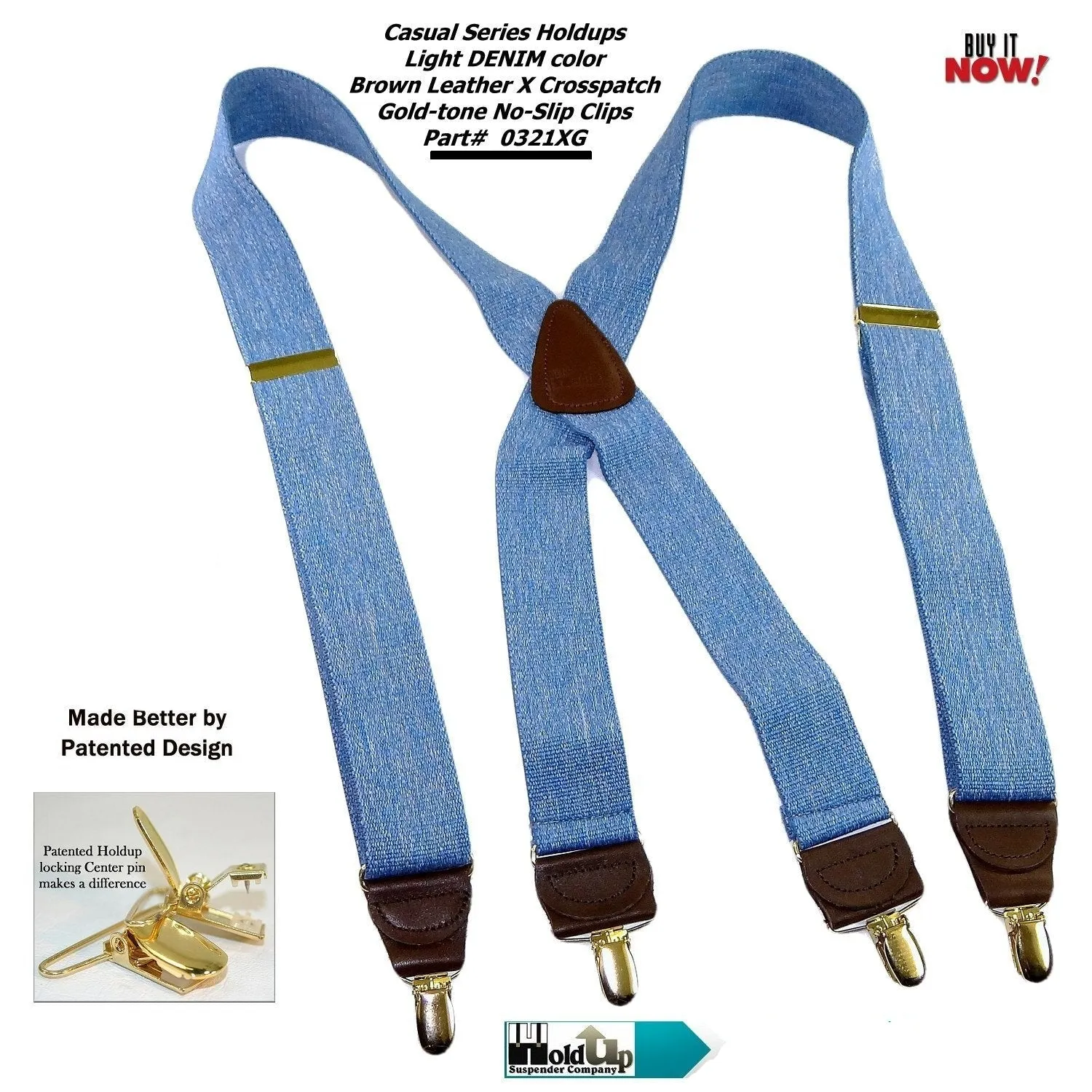 Hold-Ups Light Blue Denim 1 1/2" Suspenders X-Back USA Patented No-slip Gold Clips