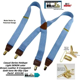 Hold-Ups Light Blue Denim 1 1/2" Suspenders X-Back USA Patented No-slip Gold Clips