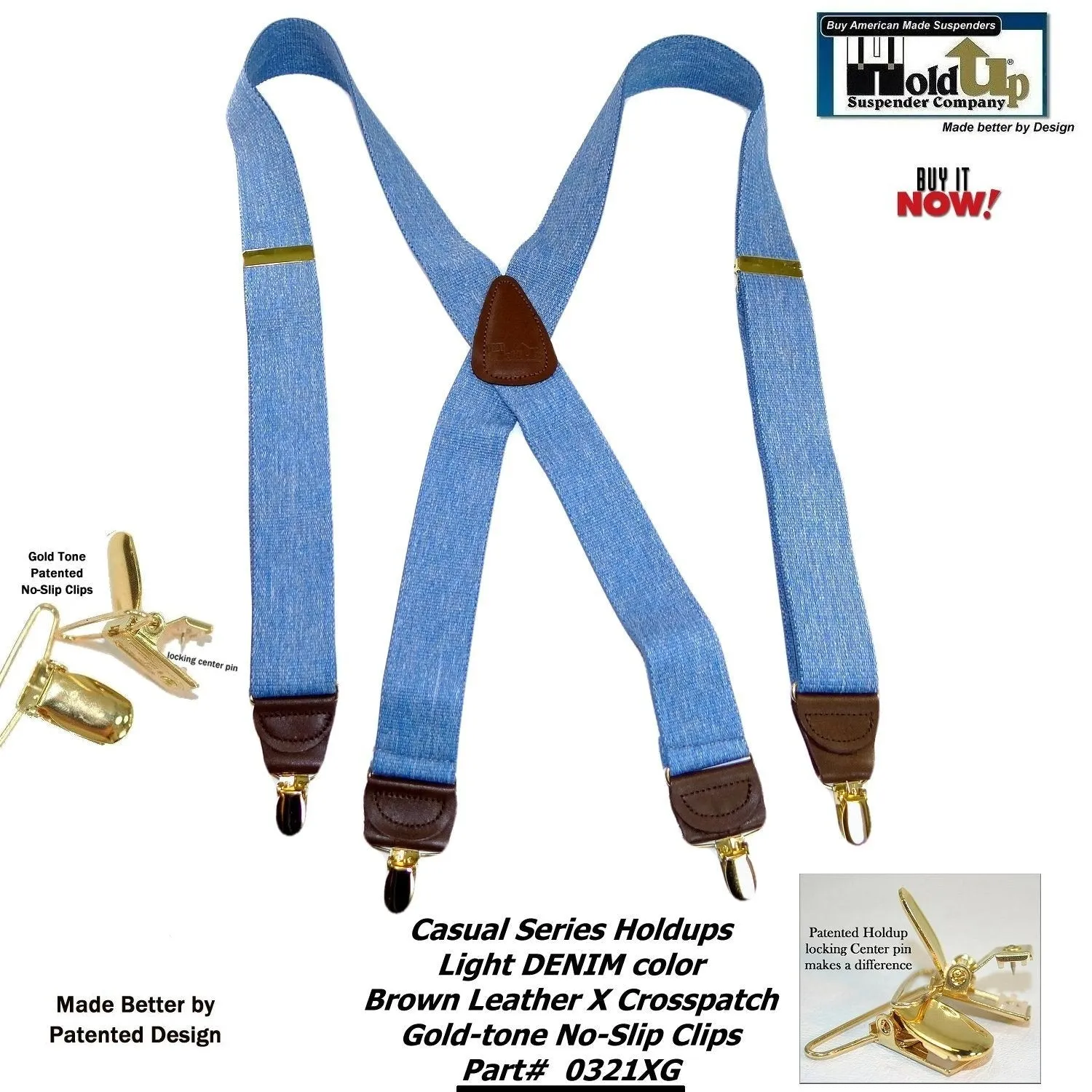 Hold-Ups Light Blue Denim 1 1/2" Suspenders X-Back USA Patented No-slip Gold Clips