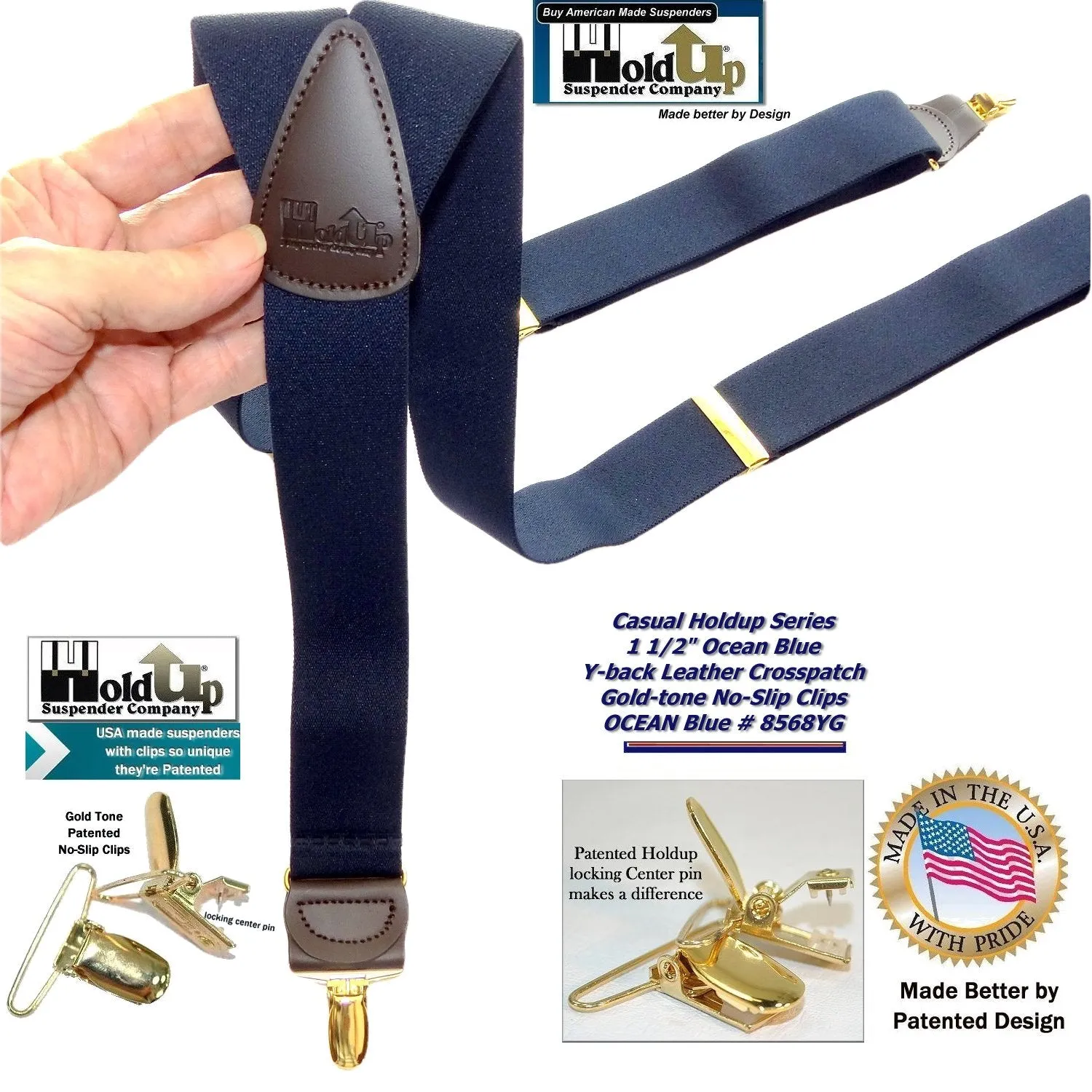 HoldUp Brand Dark Ocean Blue Y-back Casual Series Suspender with Gold-tone no-slip Clips