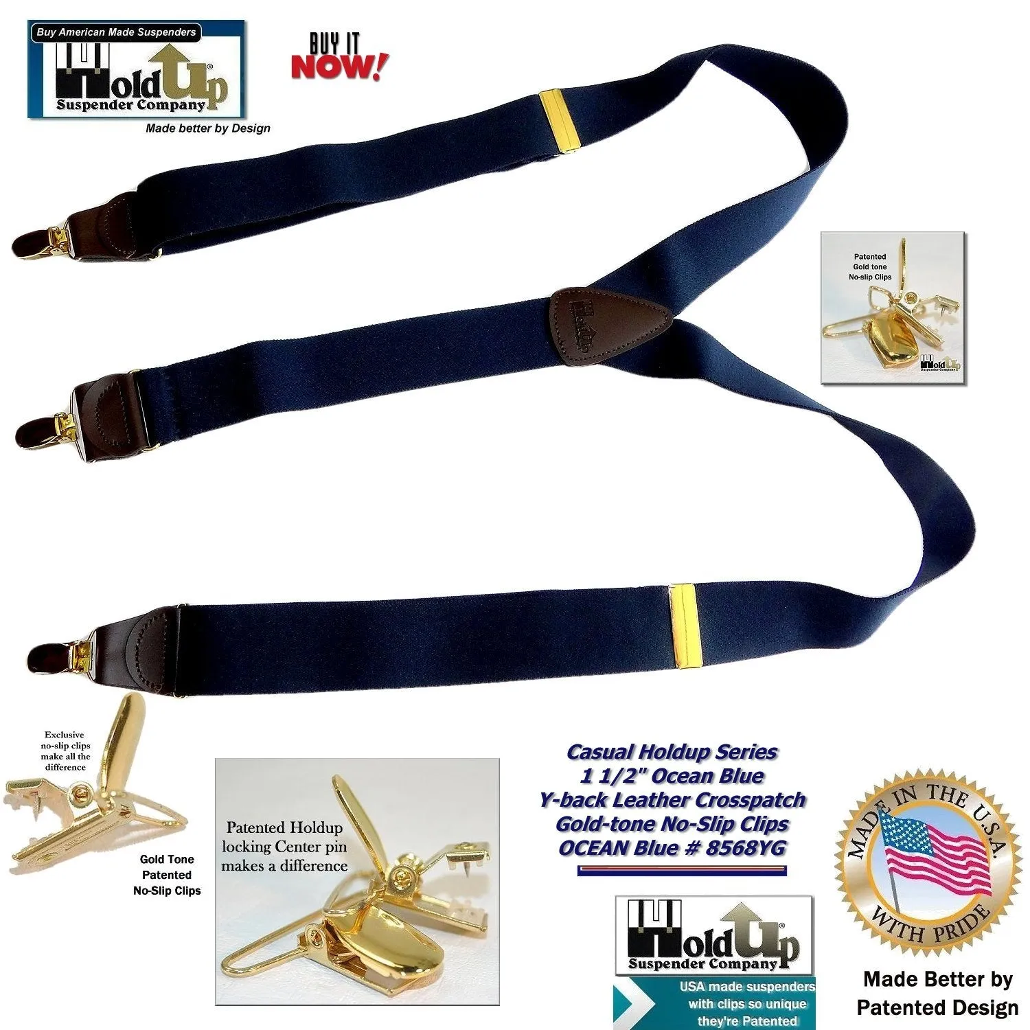 HoldUp Brand Dark Ocean Blue Y-back Casual Series Suspender with Gold-tone no-slip Clips