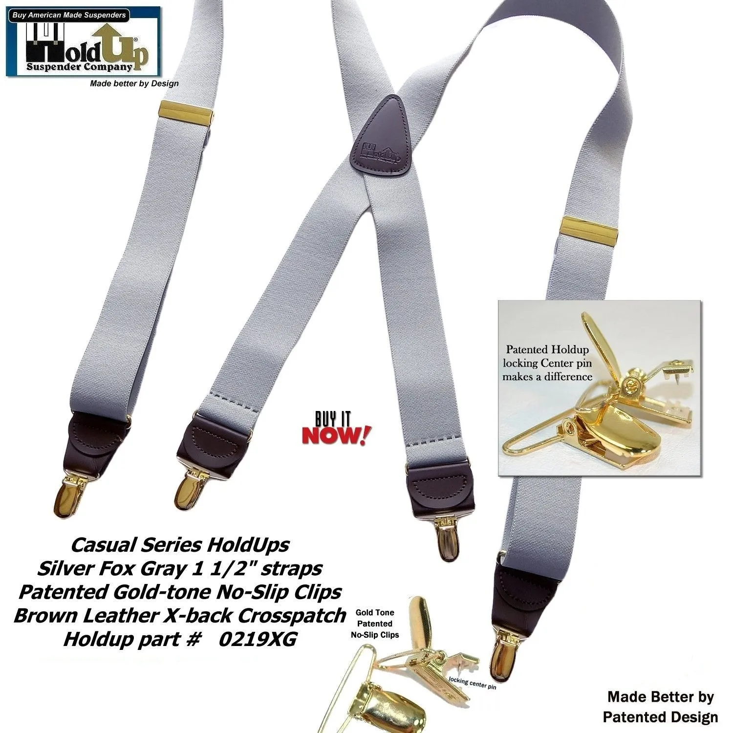 Holdup Brand Silver Fox Light Gray X-back Suspenders with USA Patented Gold-tone no-slip Clips