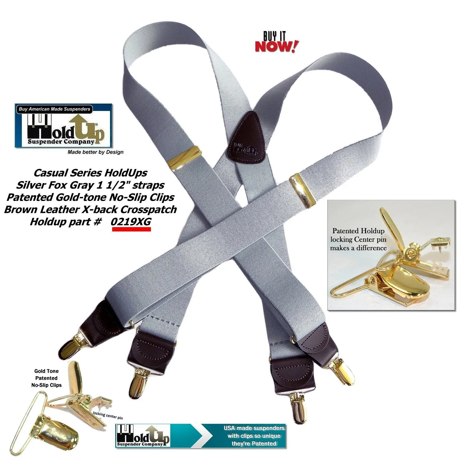 Holdup Brand Silver Fox Light Gray X-back Suspenders with USA Patented Gold-tone no-slip Clips