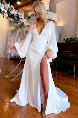 Ivory V-Neck Long Sleeve Wedding Dresses Simple Wedding Dresses WD721