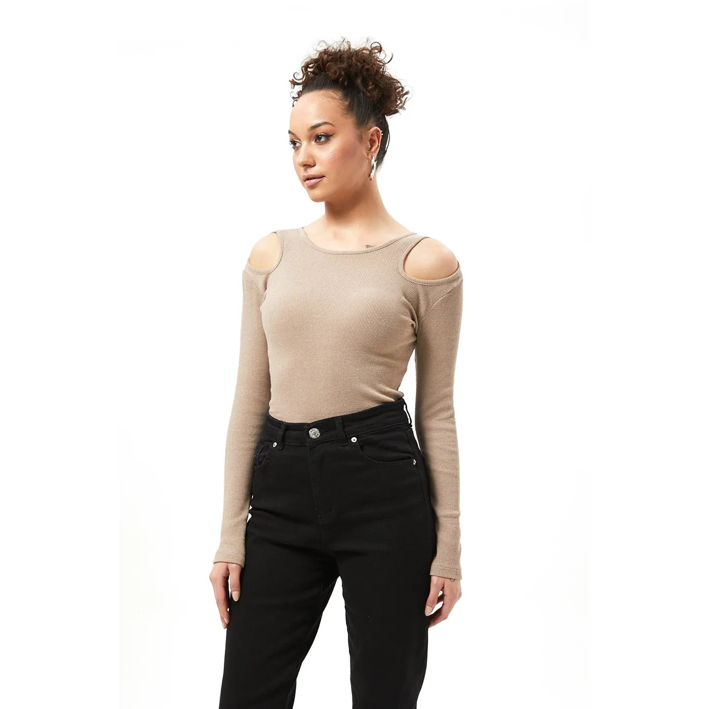 Light Brown Ribbed Shoulder Cut Top