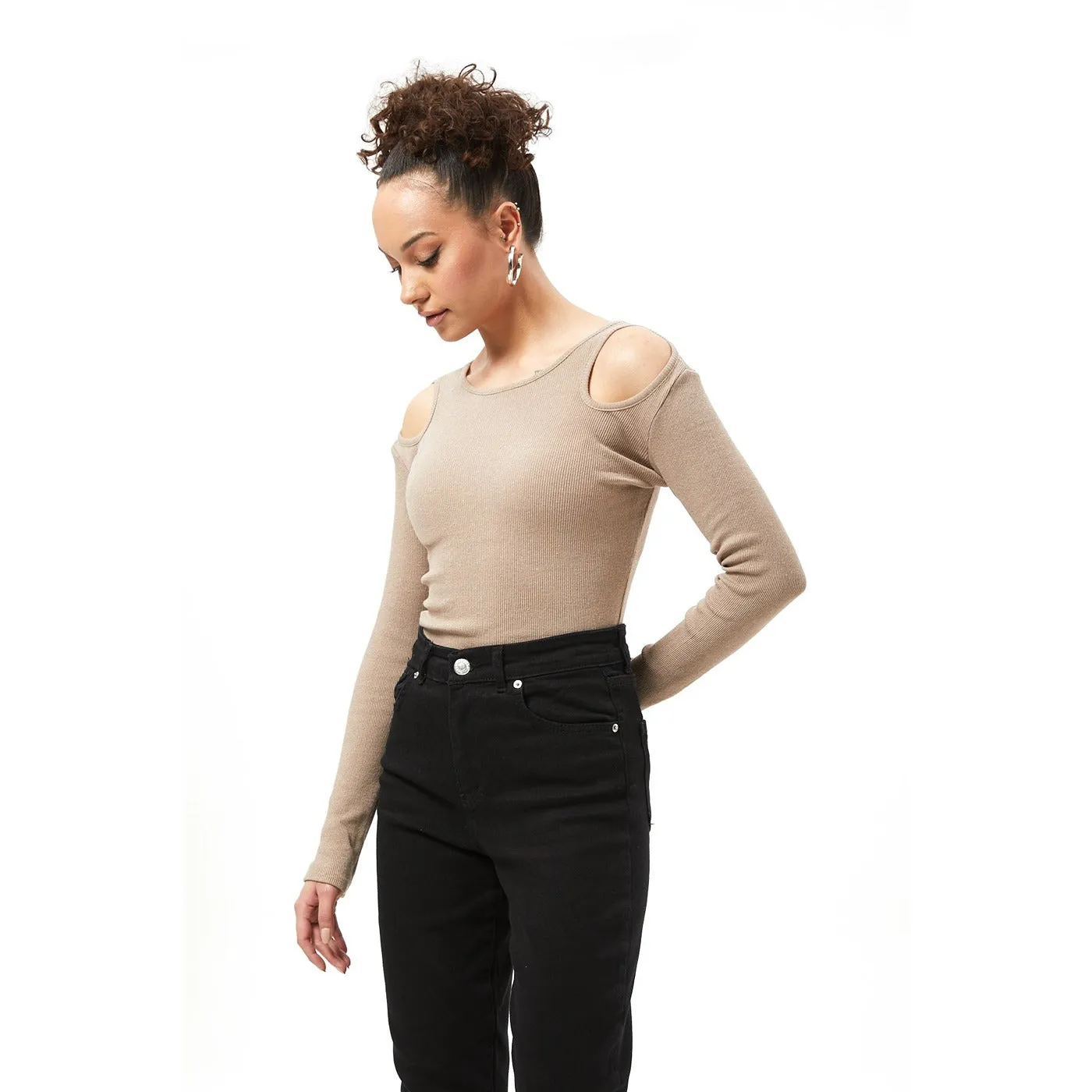 Light Brown Ribbed Shoulder Cut Top