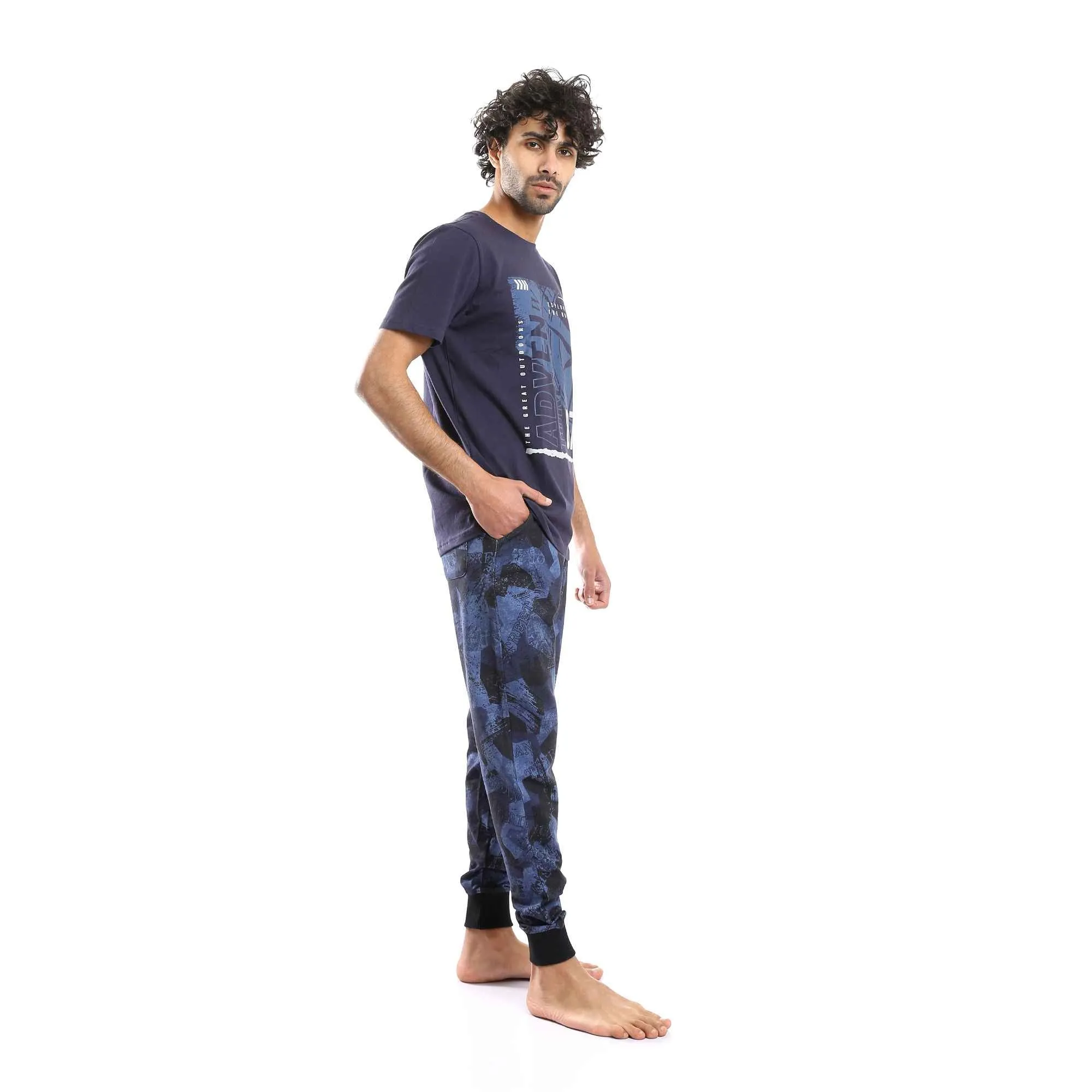 Men's Navy Blue "Adventure" Printed Tee & Patterned Pants Pajama Set