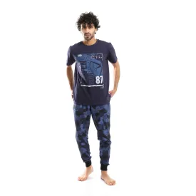 Men's Navy Blue "Adventure" Printed Tee & Patterned Pants Pajama Set