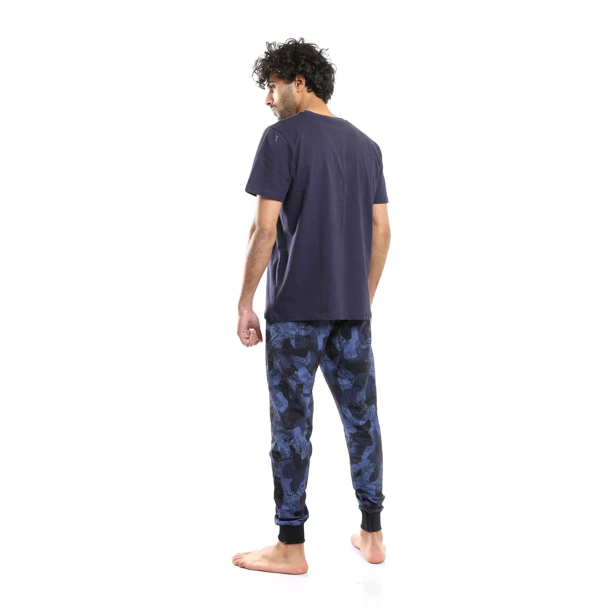 Men's Navy Blue "Adventure" Printed Tee & Patterned Pants Pajama Set