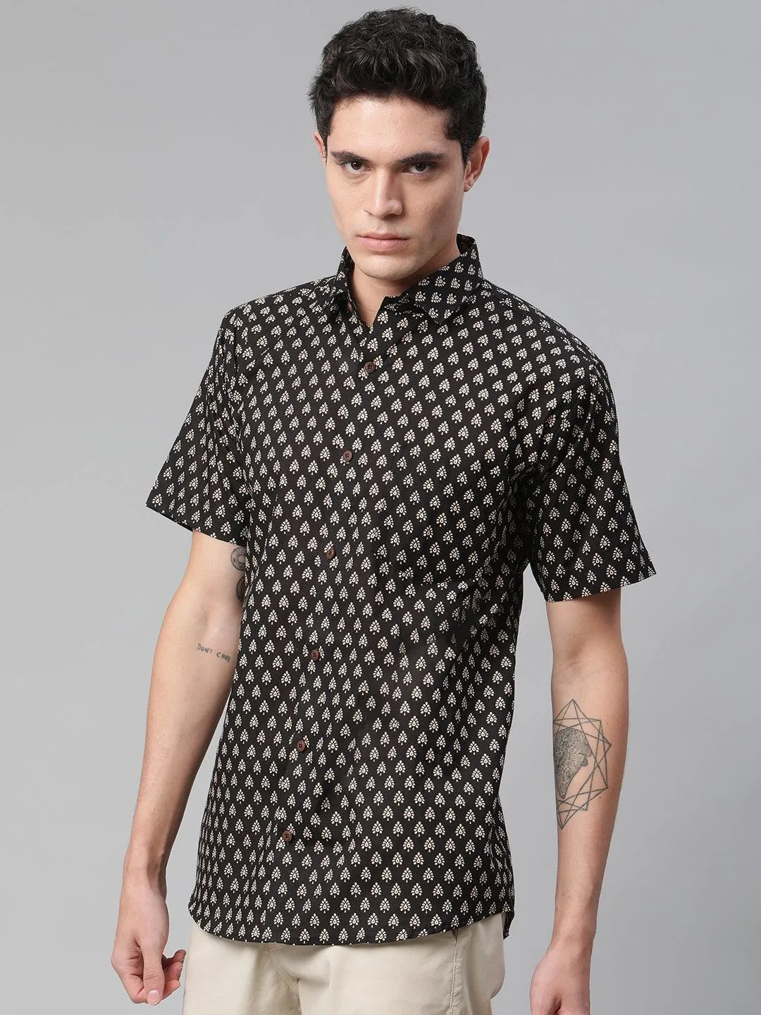 Millennial Men Black & Beige Cotton  Half Sleeve Shirt For Men-Mmh0172