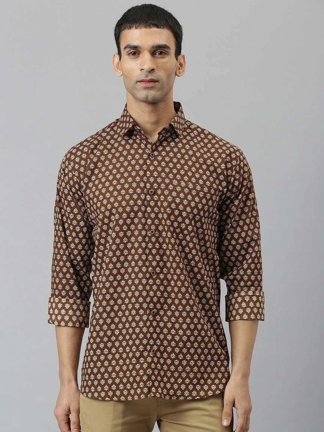 Millennial Men Brown & Mustard Cotton  Full Sleeve  Shirt For Men-Mmf0266