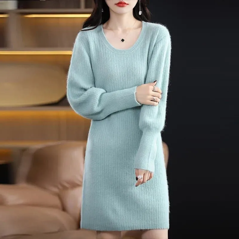 Mink Cashmere Long Sweater - High Stretch, Lantern Sleeves, Solid Pattern