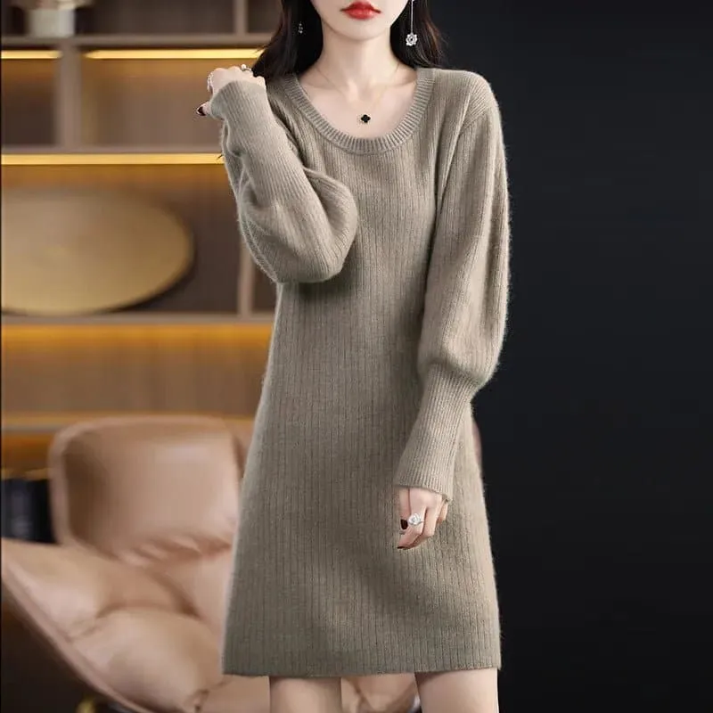 Mink Cashmere Long Sweater - High Stretch, Lantern Sleeves, Solid Pattern