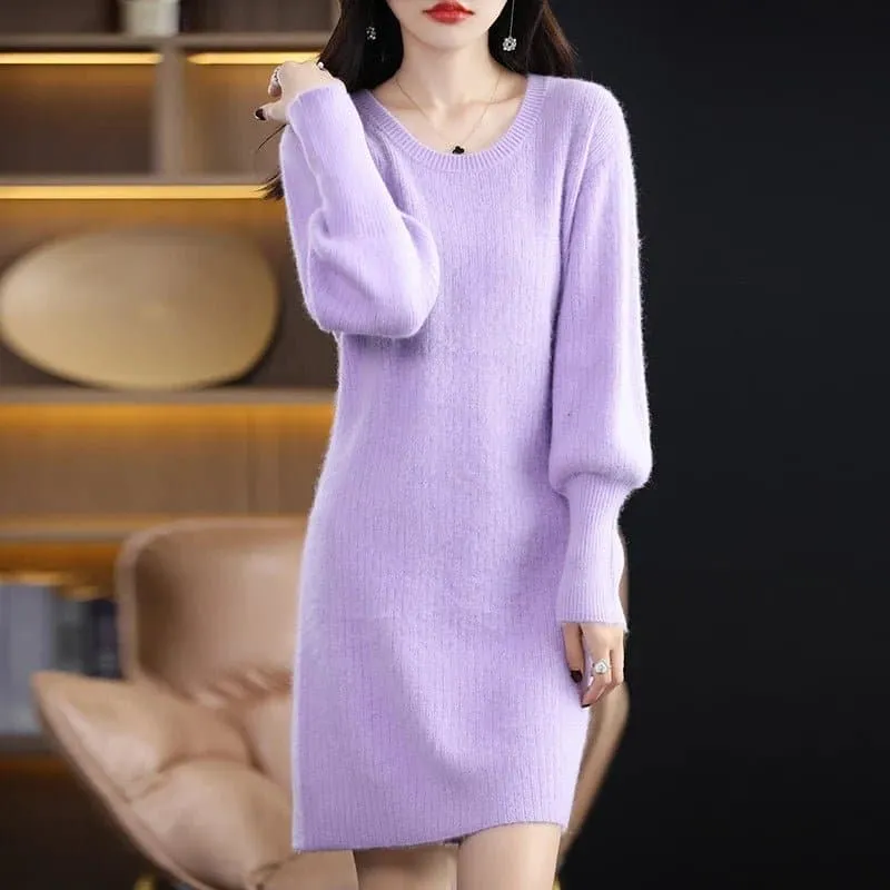 Mink Cashmere Long Sweater - High Stretch, Lantern Sleeves, Solid Pattern