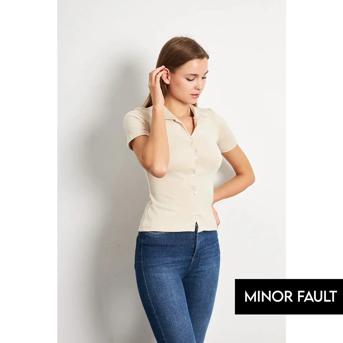 (Minor Fault) Beige Button Down Collar Top