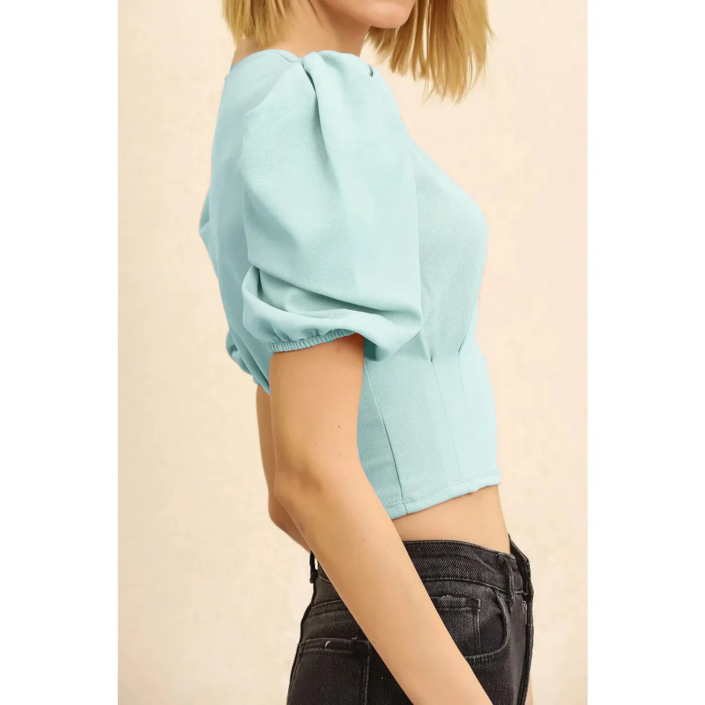 Mint Balloon Sleeve Pleated Blouse