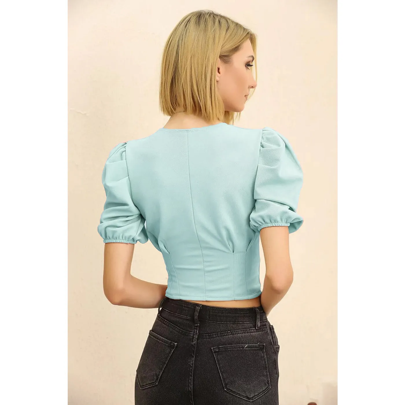 Mint Balloon Sleeve Pleated Blouse