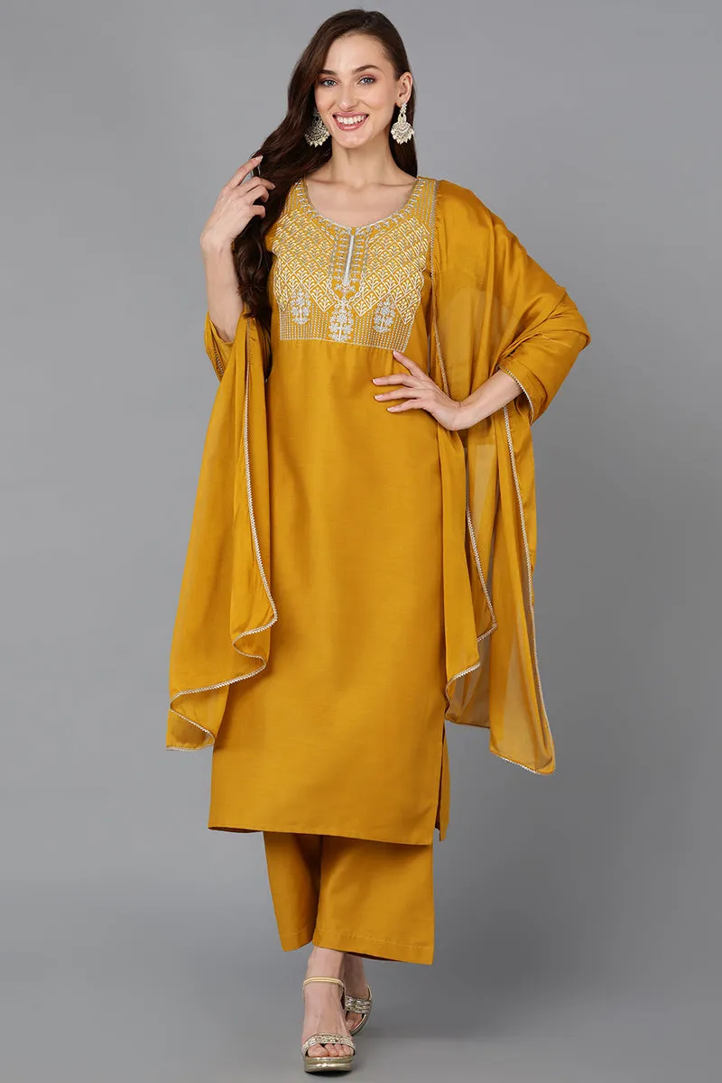 Mustard Silk Blend Straight Kurta Palazzo With Dupatta