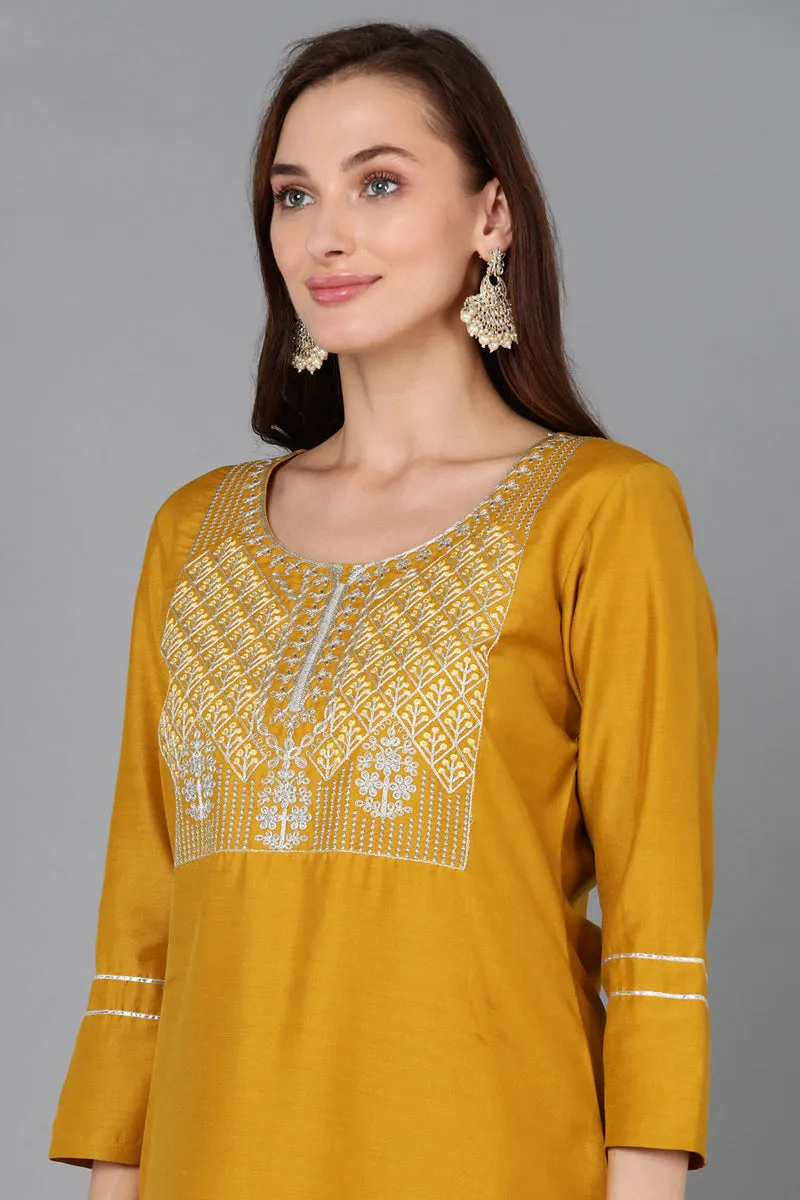 Mustard Silk Blend Straight Kurta Palazzo With Dupatta