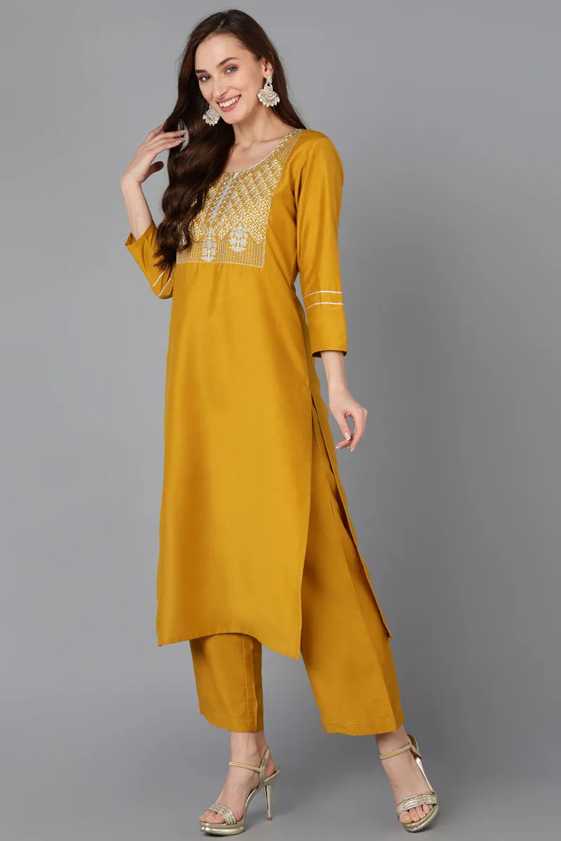 Mustard Silk Blend Straight Kurta Palazzo With Dupatta