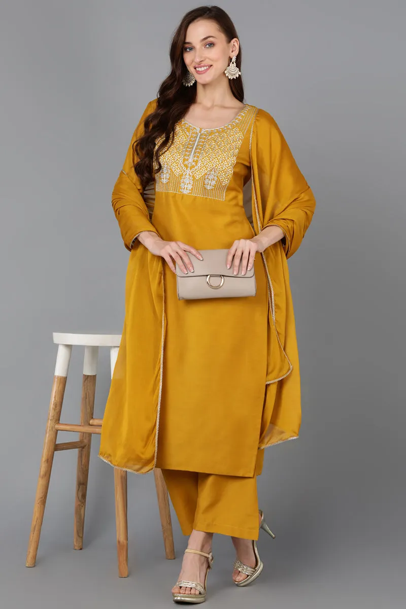 Mustard Silk Blend Straight Kurta Palazzo With Dupatta