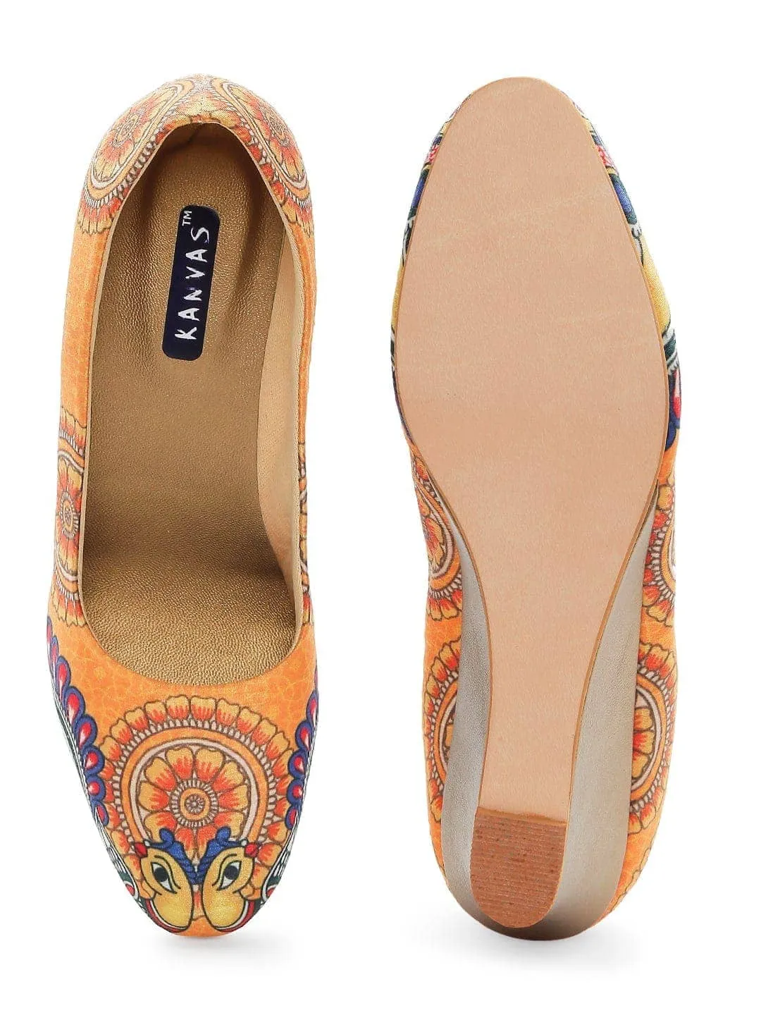 Orange Madhubani Art Wedge Heels